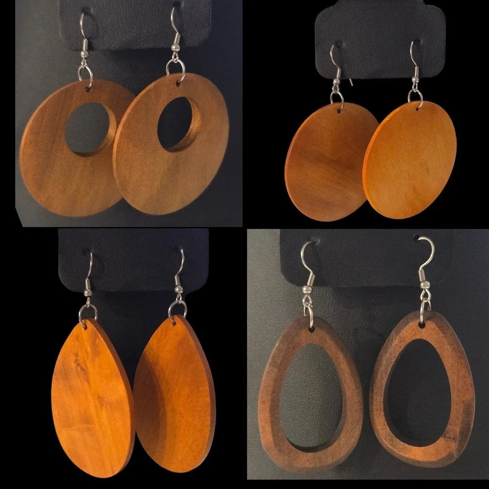 Unbranded Wooden Geometric Dangle Earring Set 4 Pairs Teardrop Circle Brown Wood